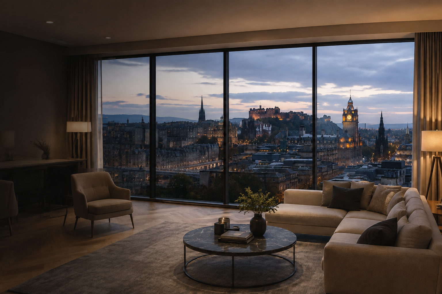 Luxury Edinburgh apartment interior at dusk with floor-to-ceiling windows overlooking the illuminated city skyline