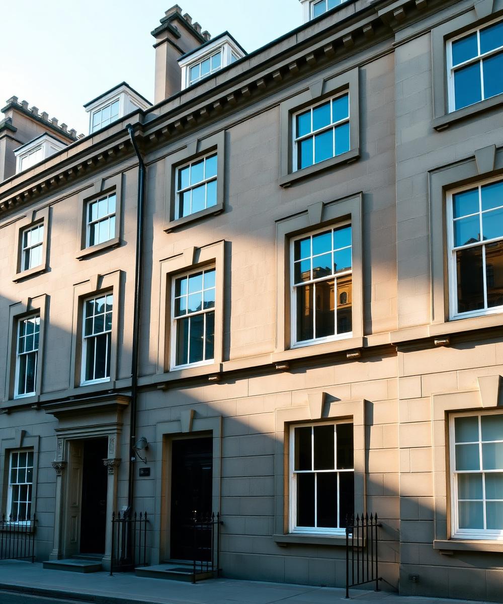 Edinburgh Georgian stone terrace with traditional sash windows in soft daylight
